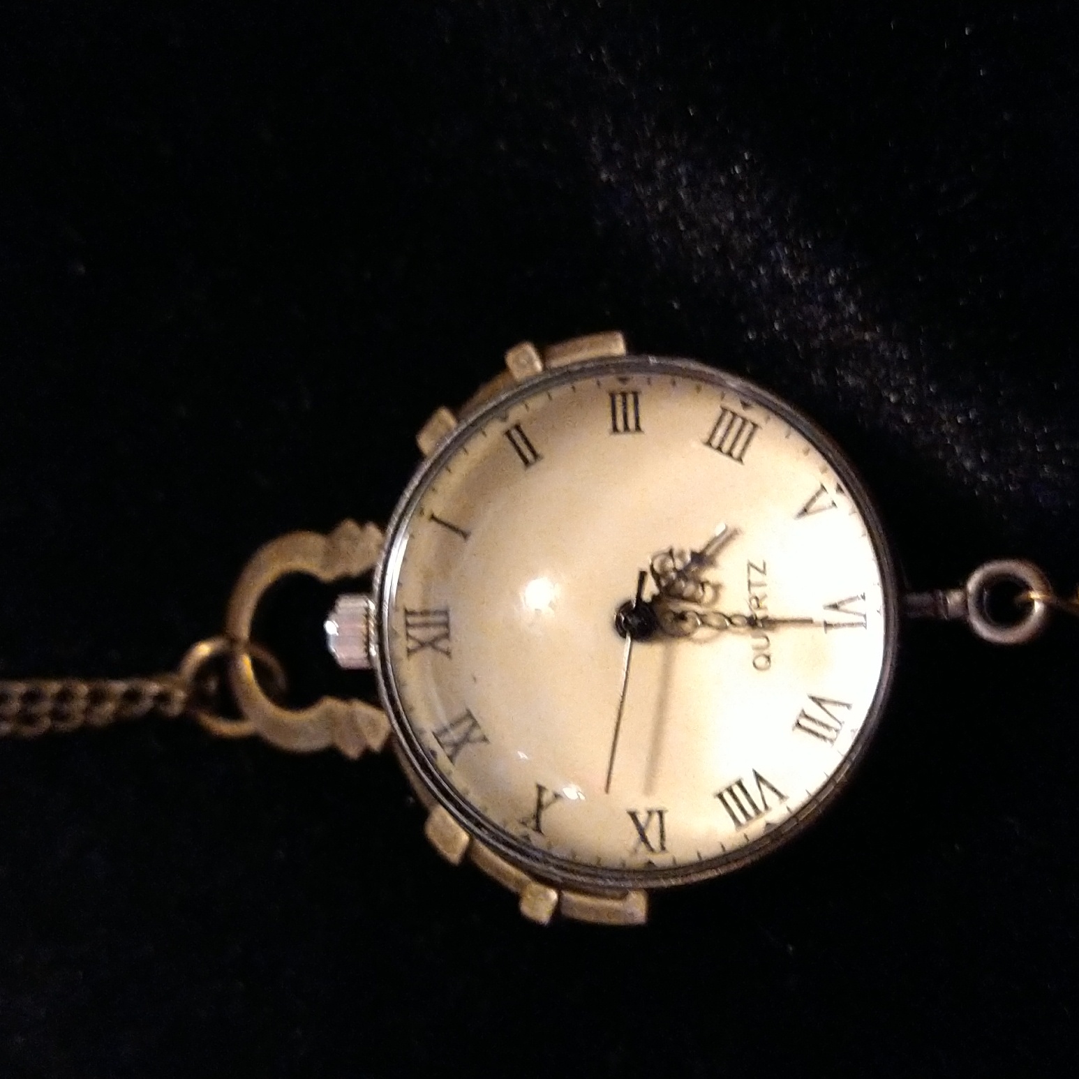 Antique Quartz Bubble Glass Versitale Clock With 2nd Hand. Goldtone Chain